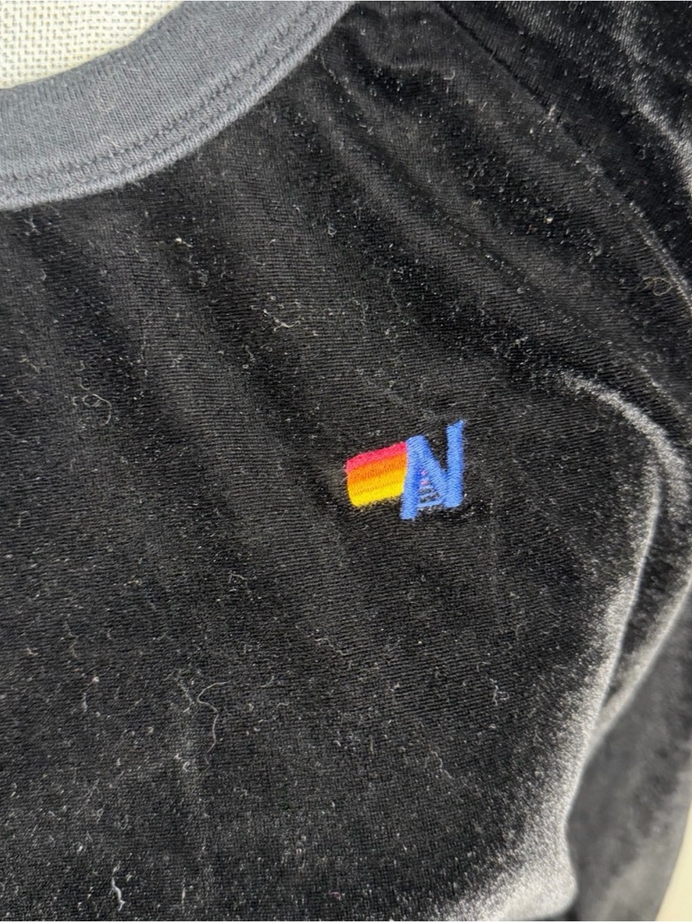 Aviator nation Black Velvet Crewneck with Rainbow Sleeve Stripes, XS - Picture 4 of 6